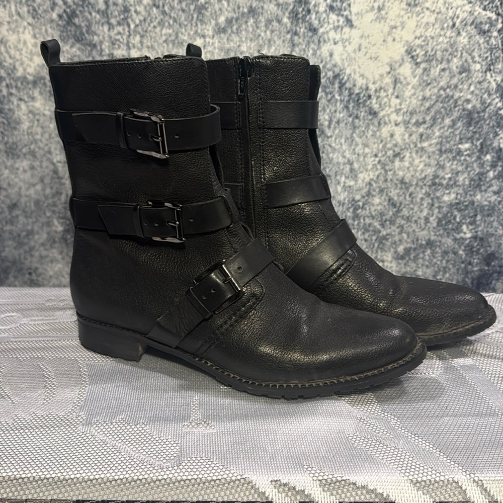 Rebecca Minkoff Malla Too black grained leather buckle booties trad goth